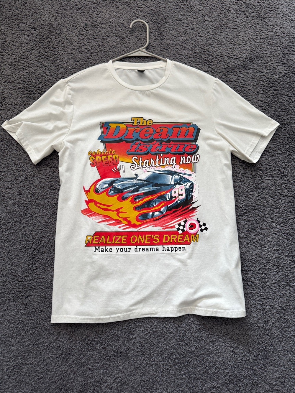 SHEIN White Racing Graphic Tee with Red Yellow and Blue Print